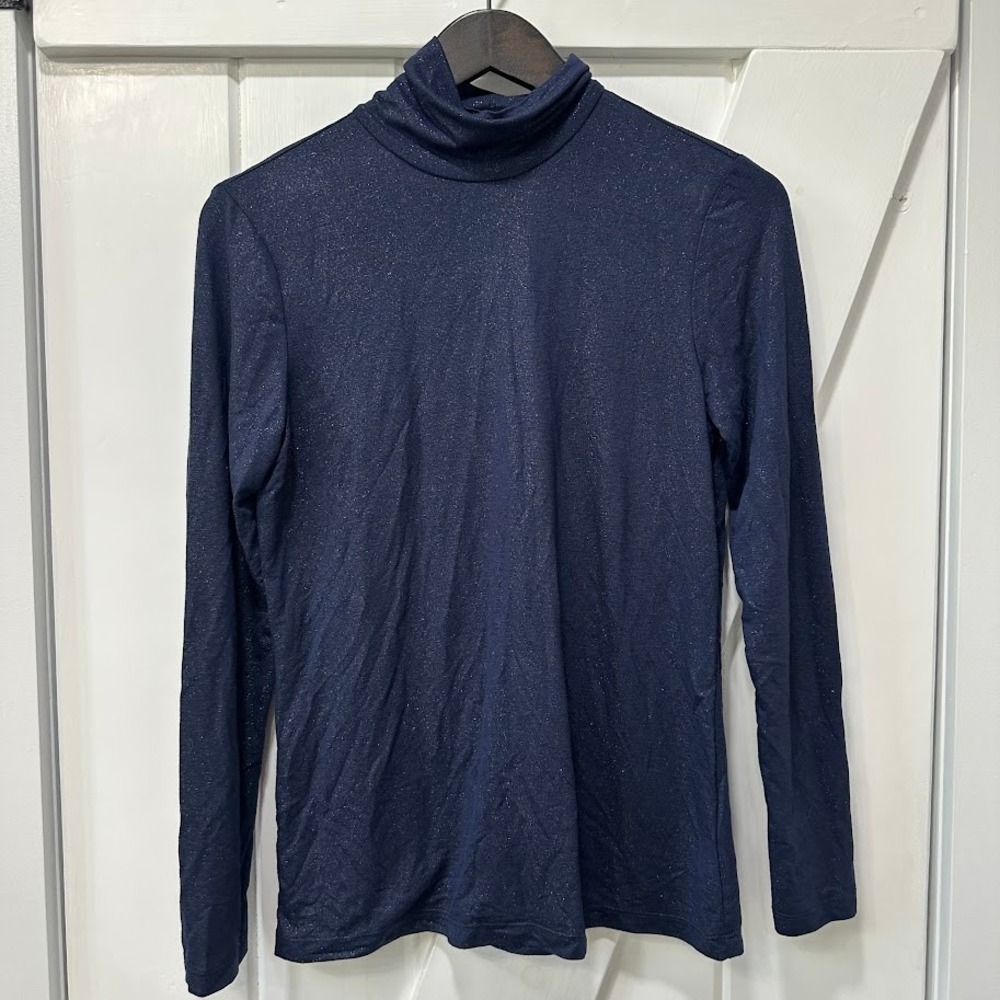J.McLaughlin Womens Nora Top Turtleneck XS Navy Blue Metallic Shimmer LS NEW